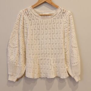 ALC crochet open knit sweater white baloon sleeve Large peplum stretch lace crew